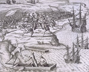 ジャマイカでのクリストファーコロンブス（1451-1506）とフランシスコポラスの戦い（1504年）、ヨハンルートヴィヒゴットフリートの「Mewe Welt und Americanische Historien」、フランクフルトマテウスメリアン発行 作： Theodore de Bry